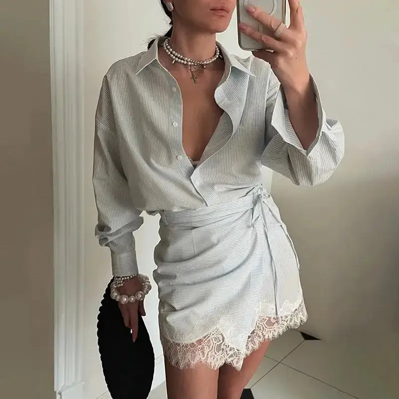 Striped Mini Dress Women Lapel Single Breasted Long Sleeves Lace Patchwork Waistband Robe Female 2026 Summer Beach Vacation Sets by Dropshipman