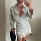 Striped Mini Dress Women Lapel Single Breasted Long Sleeves Lace Patchwork Waistband Robe Female 2026 Summer Beach Vacation Sets SHOPEZRA L.L.C.