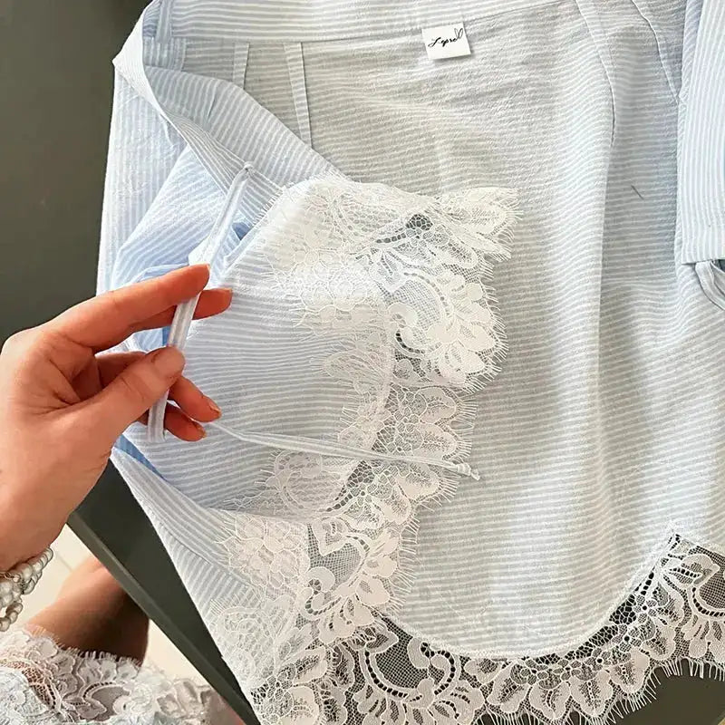 Striped Mini Dress Women Lapel Single Breasted Long Sleeves Lace Patchwork Waistband Robe Female 2026 Summer Beach Vacation Sets by Dropshipman