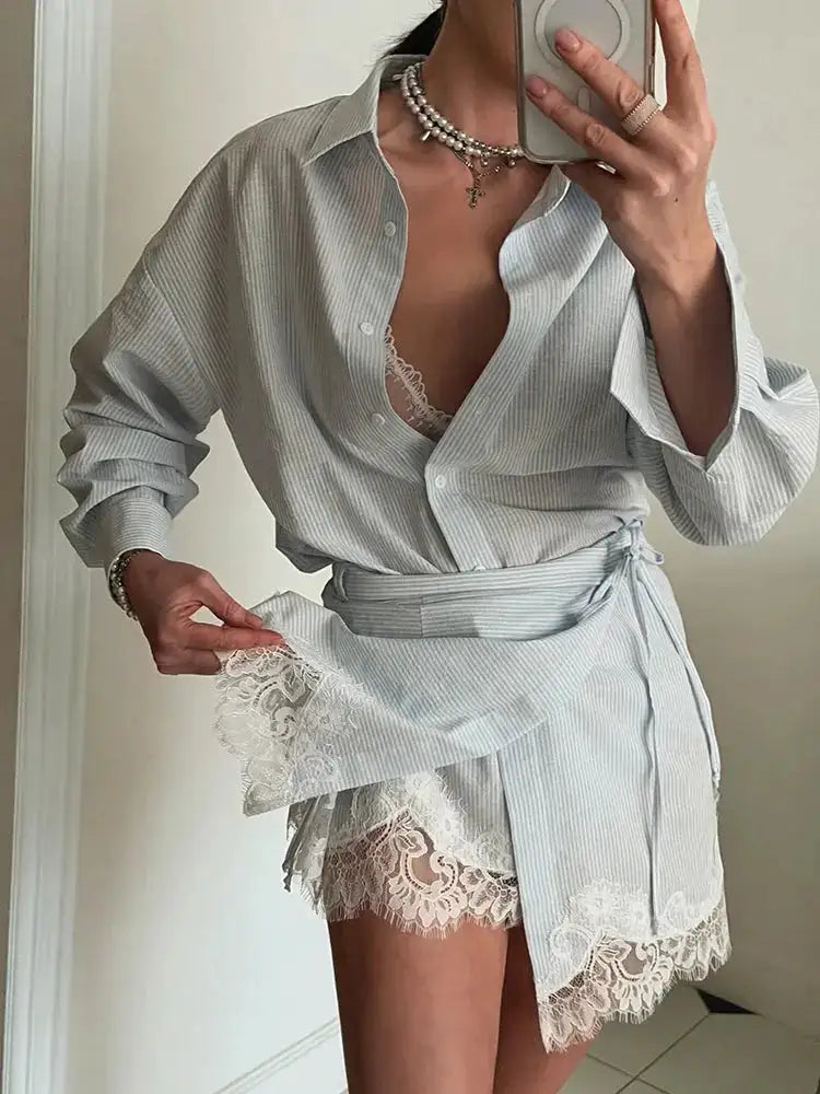Striped Mini Dress Women Lapel Single Breasted Long Sleeves Lace Patchwork Waistband Robe Female 2026 Summer Beach Vacation Sets by Dropshipman