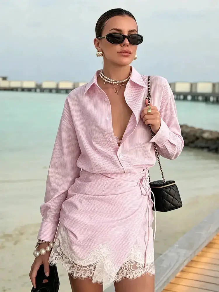 Striped Mini Dress Women Lapel Single Breasted Long Sleeves Lace Patchwork Waistband Robe Female 2026 Summer Beach Vacation Sets by Dropshipman