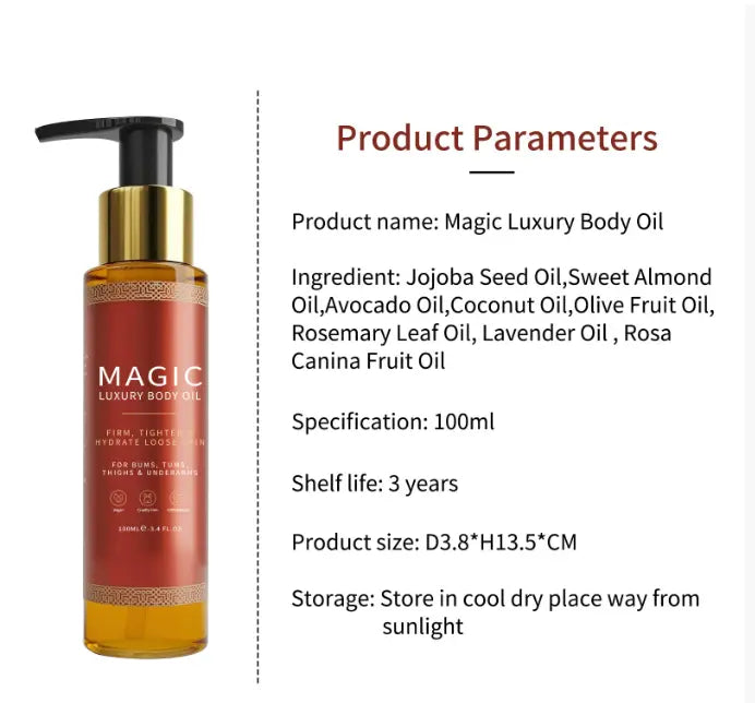 Magic Luxury Body Oil bottle with pump, a luxurious body oil for hydration, enriched with natural oils for skin nourishment.