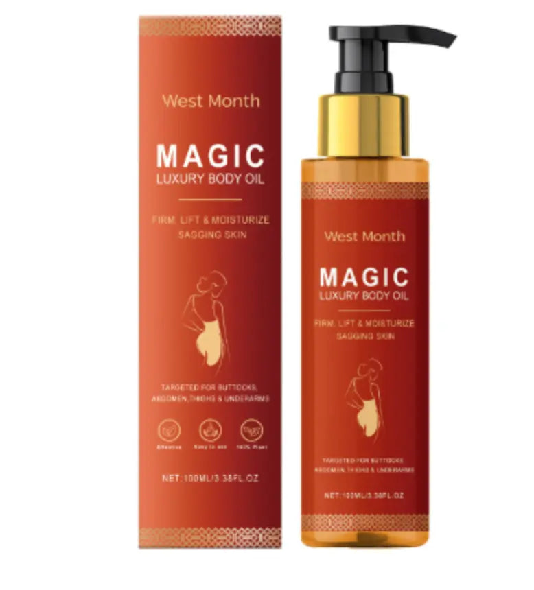 West Month Magic Luxury Body Oil for hydration, firming, and moisturizing sagging skin in a luxurious packaging.