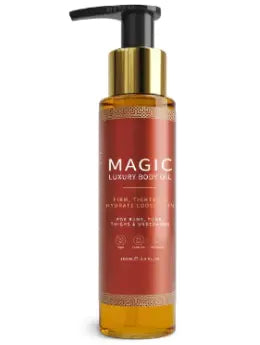 Magic Body Oil in a pump bottle, brown color, offering luxurious body oil for hydration, designed for skin nourishment.