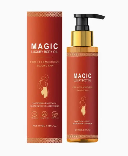 Two bottles of SHOPEZRA L.L.C. Magic Body Oil in brown bottles, showcasing the product packaging for nourishing skin care