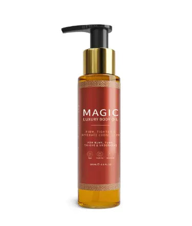 Two bottles of SHOPEZRA L.L.C. Magic Body Oil in brown bottles, displayed side by side with product labels visible.