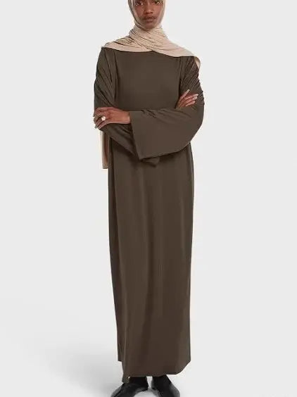 Brown women’s Eid modest dress, prayer abaya, long kaftan, Dubai-style robe, Saudi Arabian Ramadan caftan from SHOPEZRA L.L.C.