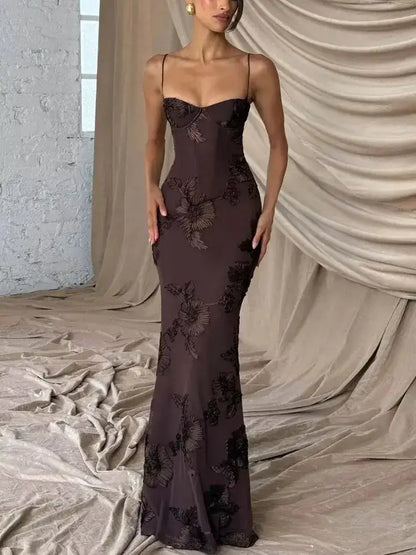 Elegant Women 3d Embroidery Floral Long Dress Women Backless Cross Tied Spaghetti Strap Robe Slim Floor Length Evening Dresses by Dropshipman