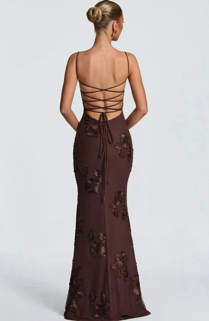 Elegant Women 3d Embroidery Floral Long Dress Women Backless Cross Tied Spaghetti Strap Robe Slim Floor Length Evening Dresses by Dropshipman