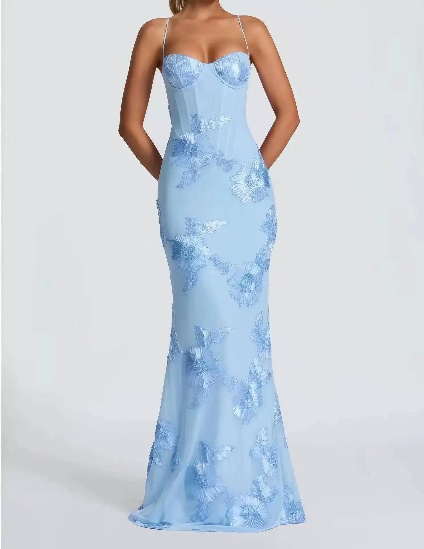 Elegant Women 3d Embroidery Floral Long Dress Women Backless Cross Tied Spaghetti Strap Robe Slim Floor Length Evening Dresses SHOPEZRA L.L.C.