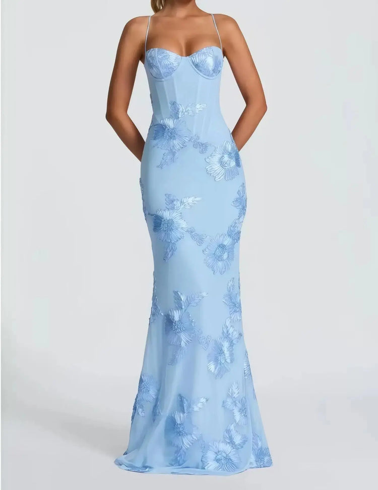 Elegant Women 3d Embroidery Floral Long Dress Women Backless Cross Tied Spaghetti Strap Robe Slim Floor Length Evening Dresses SHOPEZRA L.L.C.