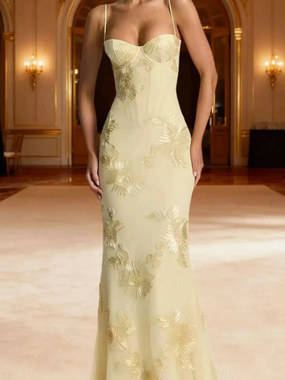 Elegant Women 3d Embroidery Floral Long Dress Women Backless Cross Tied Spaghetti Strap Robe Slim Floor Length Evening Dresses by Dropshipman