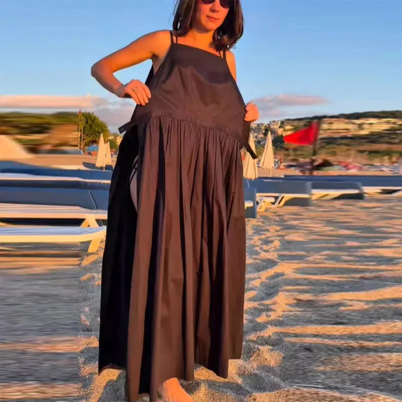 Elegant women's lace-up pleated dress with square neck, sleeveless style, high waist, and spaghetti straps by SHOPEZRA L.L.C.