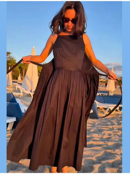 2026 Elegant Solid Lace Up Pleated Dress Women Chic Square Neck Sleeveless High Waist Spaghetti Strap Gowns Lady Daily Date Wear by Dropshipman