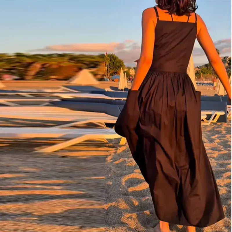 Brown women's solid lace-up pleated dress with square neckline, sleeveless, high waist, spaghetti straps, suitable for daily or date wear.