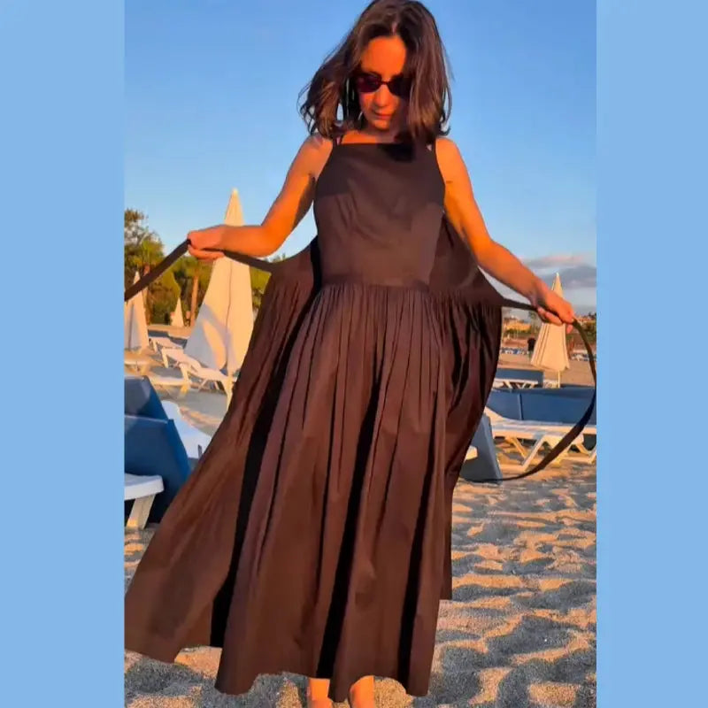 Brown women's sleeveless lace-up pleated dress with square neck, spaghetti straps, high waist, and chic elegant style for daily wear.