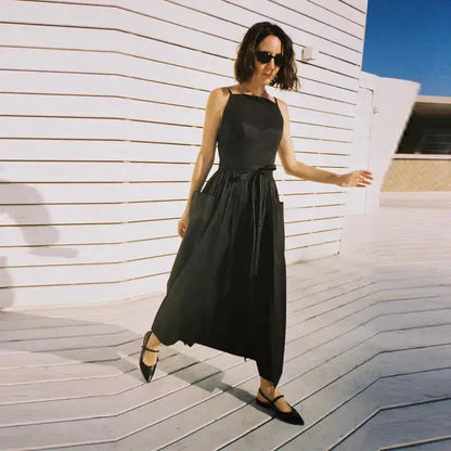 2026 Elegant Solid Lace Up Pleated Dress Women Chic Square Neck Sleeveless High Waist Spaghetti Strap Gowns Lady Daily Date Wear by Dropshipman