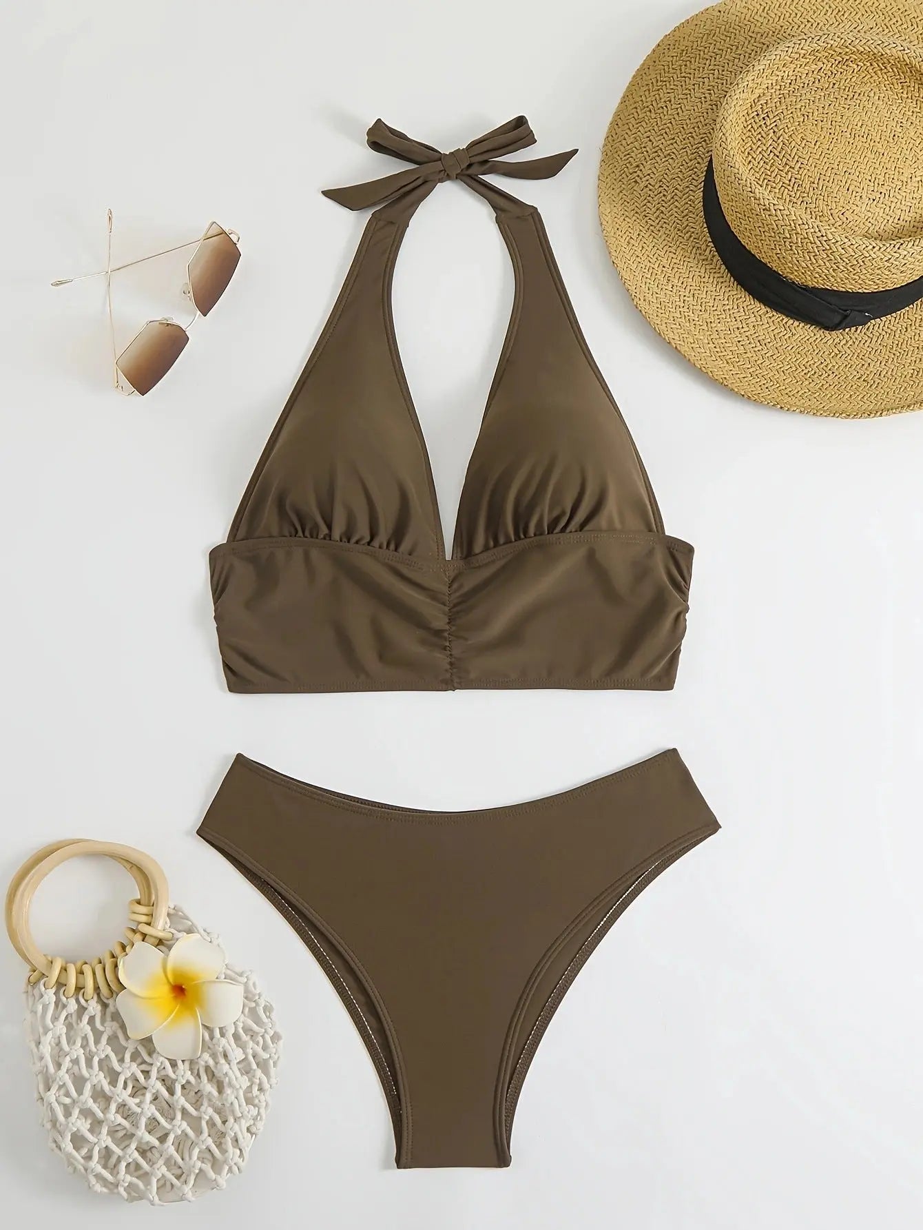 Brown women's halter neck triangle bikini, quick-drying two-piece swimsuit for hot springs, ideal for European and American cross-border trade.