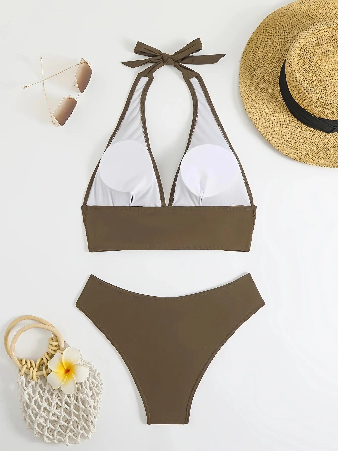 SHOPEZRA L.L.C. women's brown triangle bikini with halter neck, two-piece, quick-drying fabric, suitable for hot springs and swimming.