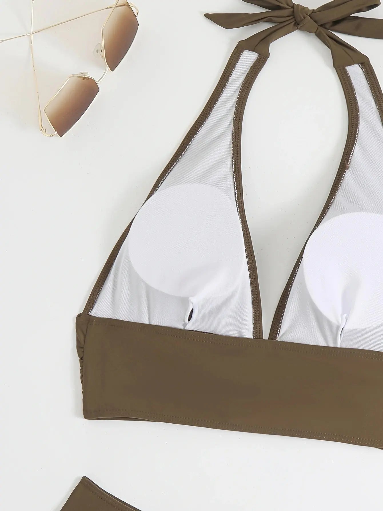 Brown bikini set with halter neck and triangle top, quick-drying fabric for hot spring swimming, by SHOPEZRA L.L.C.