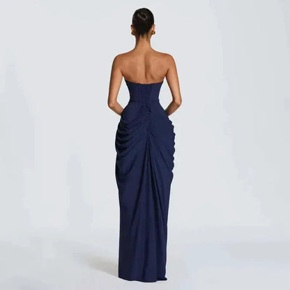 Elegant Solid Strapless Pleated Dress Women Chic Sleeveless Waist Cinching Split Maxi Vestidos 2026 Lady Evening Party Dresses by Dropshipman