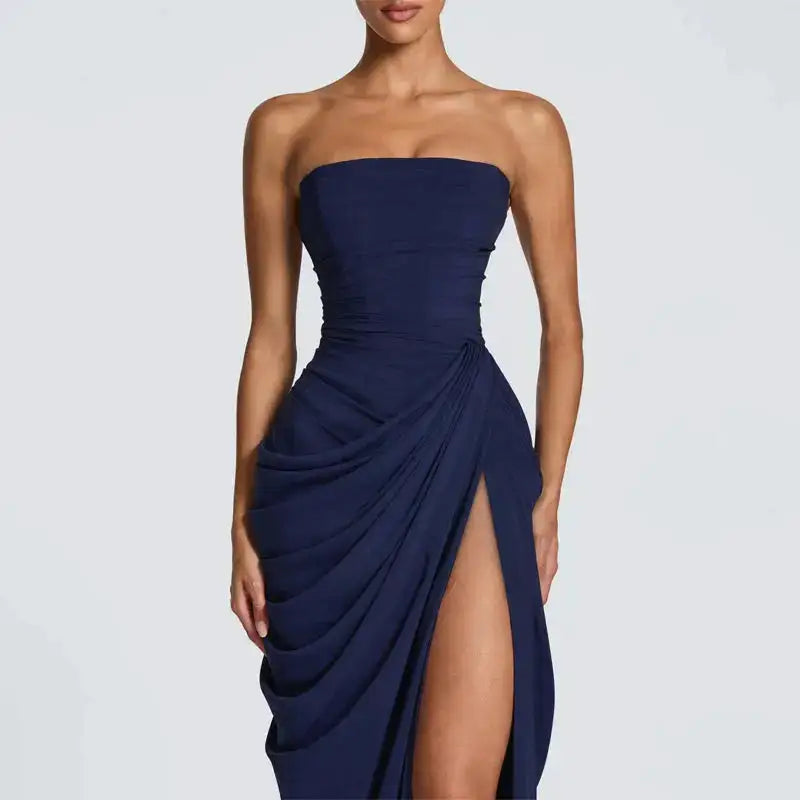 Elegant Solid Strapless Pleated Dress Women Chic Sleeveless Waist Cinching Split Maxi Vestidos 2026 Lady Evening Party Dresses by Dropshipman