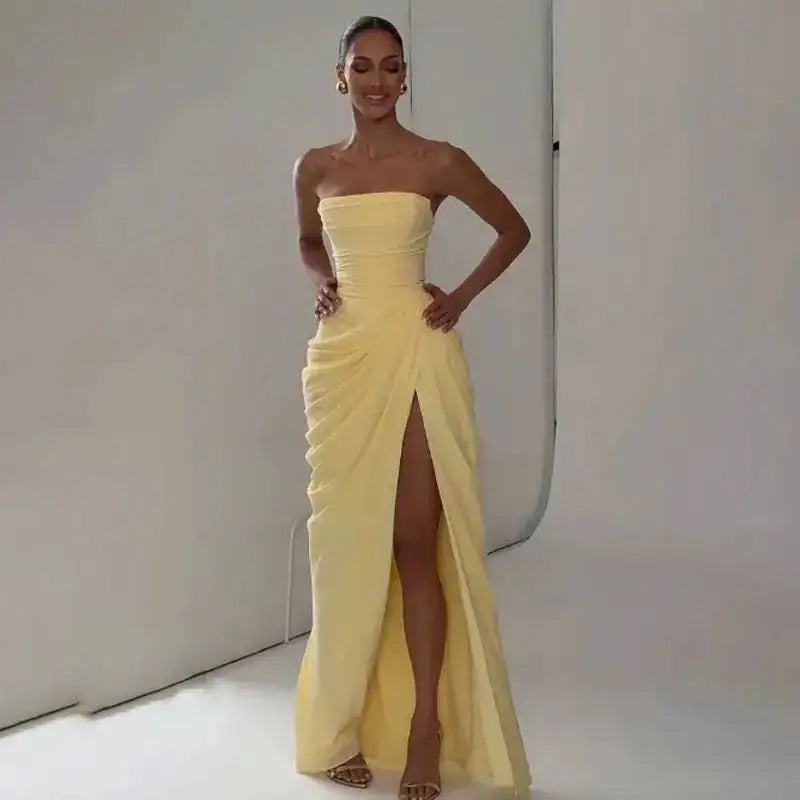 Elegant Solid Strapless Pleated Dress Women Chic Sleeveless Waist Cinching Split Maxi Vestidos 2026 Lady Evening Party Dresses by Dropshipman