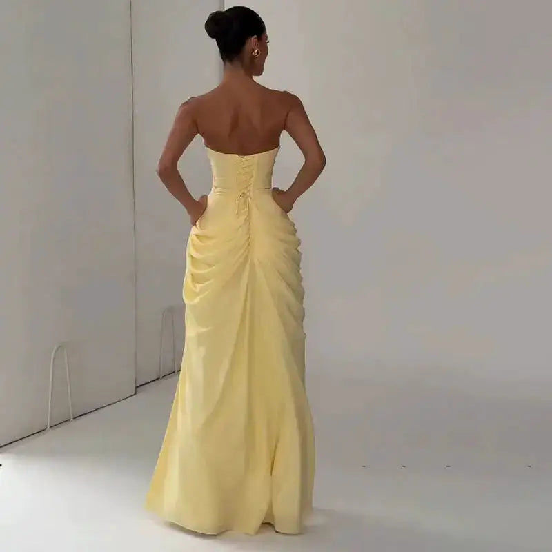 Elegant Solid Strapless Pleated Dress Women Chic Sleeveless Waist Cinching Split Maxi Vestidos 2026 Lady Evening Party Dresses by Dropshipman