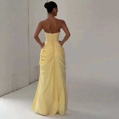 Elegant Solid Strapless Pleated Dress Women Chic Sleeveless Waist Cinching Split Maxi Vestidos 2026 Lady Evening Party Dresses by Dropshipman