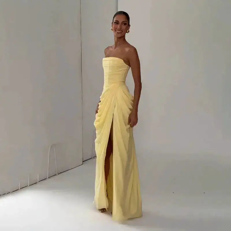 Elegant Solid Strapless Pleated Dress Women Chic Sleeveless Waist Cinching Split Maxi Vestidos 2026 Lady Evening Party Dresses by Dropshipman