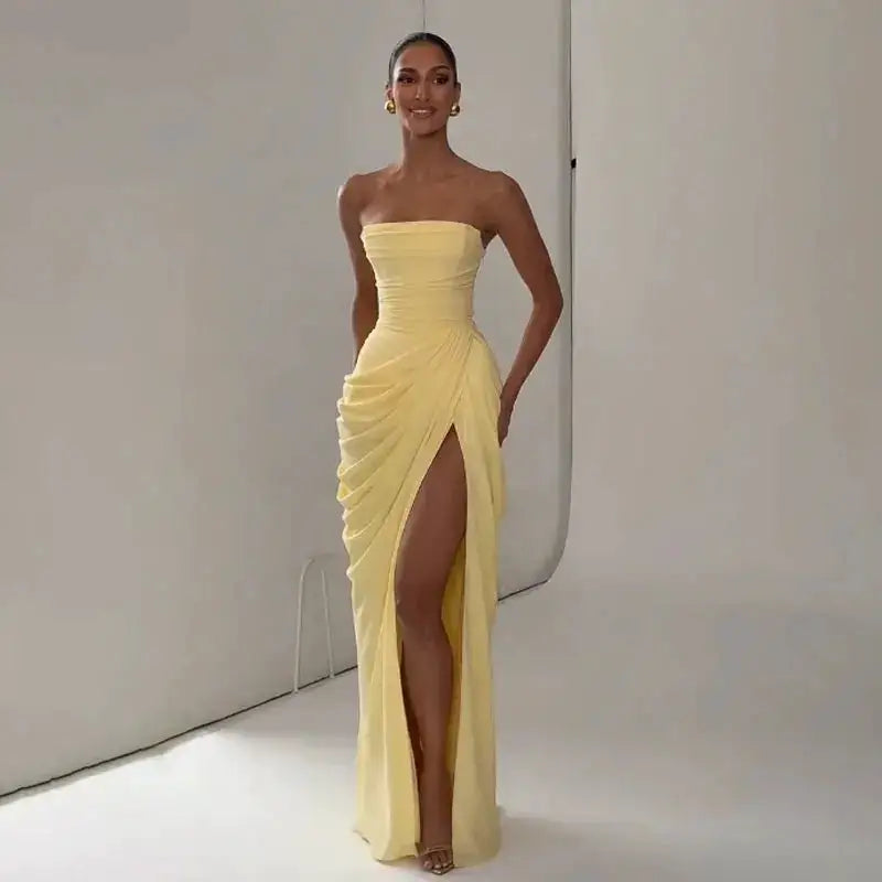 Elegant Solid Strapless Pleated Dress Women Chic Sleeveless Waist Cinching Split Maxi Vestidos 2026 Lady Evening Party Dresses by Dropshipman