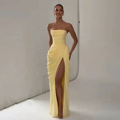Elegant Solid Strapless Pleated Dress Women Chic Sleeveless Waist Cinching Split Maxi Vestidos 2026 Lady Evening Party Dresses by Dropshipman
