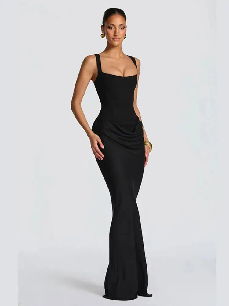 Elegant brown strapless pleated maxi dress for women with sleeveless design, waist cinching and split detail, perfect for evening parties.
