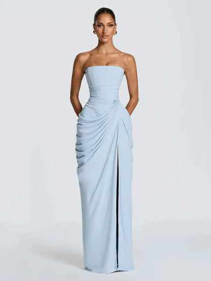 Elegant Solid Strapless Pleated Dress Women Chic Sleeveless Waist Cinching Split Maxi Vestidos 2026 Lady Evening Party Dresses by Dropshipman