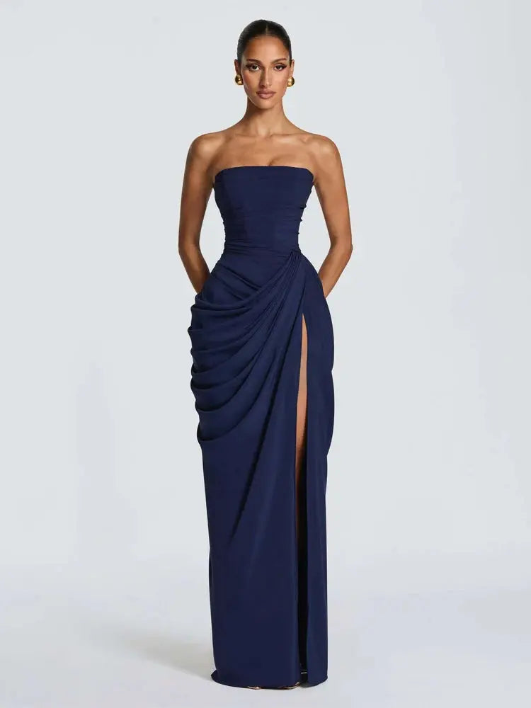 Brown strapless pleated maxi dress for women, chic sleeveless design with waist cinching and split, perfect for evening parties.
