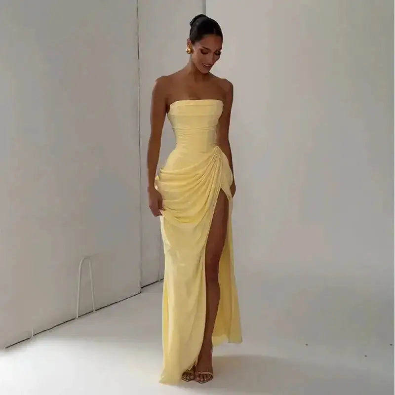 Elegant Solid Strapless Pleated Dress Women Chic Sleeveless Waist Cinching Split Maxi Vestidos 2026 Lady Evening Party Dresses by Dropshipman