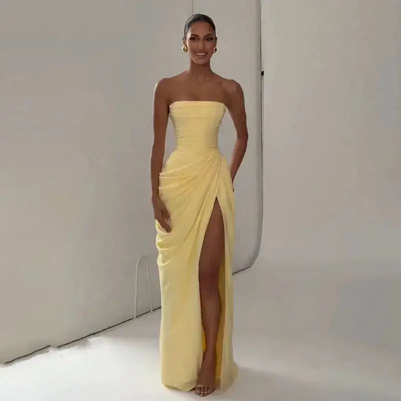 Elegant Solid Strapless Pleated Dress Women Chic Sleeveless Waist Cinching Split Maxi Vestidos 2026 Lady Evening Party Dresses by Dropshipman