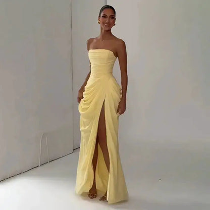 Elegant Solid Strapless Pleated Dress Women Chic Sleeveless Waist Cinching Split Maxi Vestidos 2026 Lady Evening Party Dresses by Dropshipman