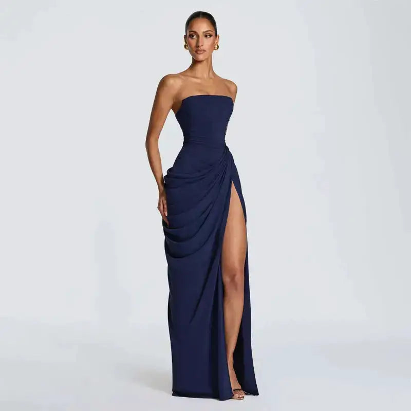 Elegant Solid Strapless Pleated Dress Women Chic Sleeveless Waist Cinching Split Maxi Vestidos 2026 Lady Evening Party Dresses by Dropshipman