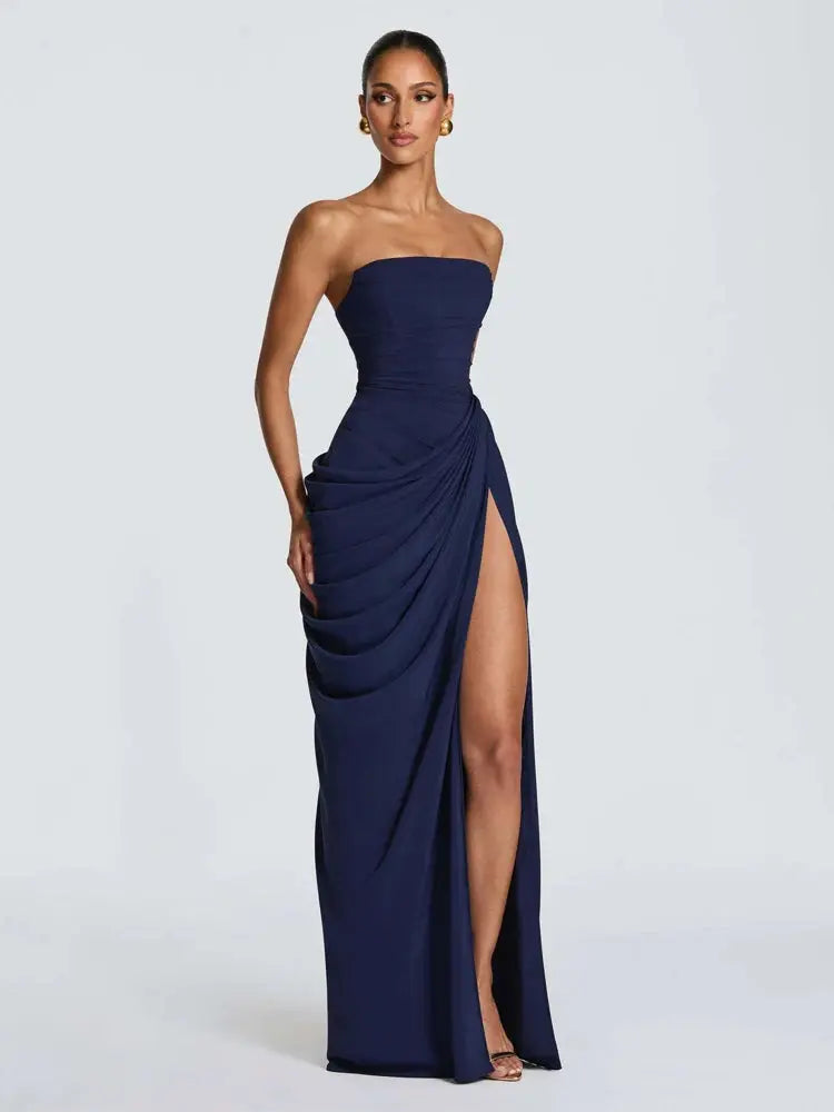 Elegant Solid Strapless Pleated Dress Women Chic Sleeveless Waist Cinching Split Maxi Vestidos 2026 Lady Evening Party Dresses SHOPEZRA L.L.C.