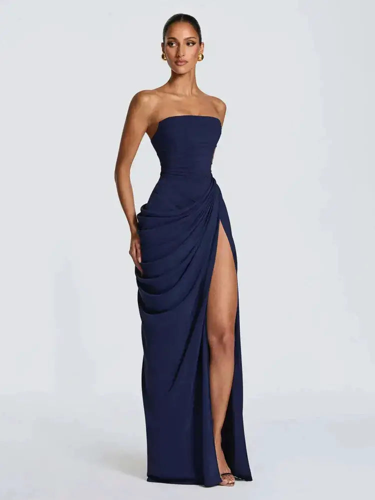 Elegant Solid Strapless Pleated Dress Women Chic Sleeveless Waist Cinching Split Maxi Vestidos 2026 Lady Evening Party Dresses by Dropshipman