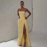 Elegant Solid Strapless Pleated Dress Women Chic Sleeveless Waist Cinching Split Maxi Vestidos 2026 Lady Evening Party Dresses SHOPEZRA L.L.C.