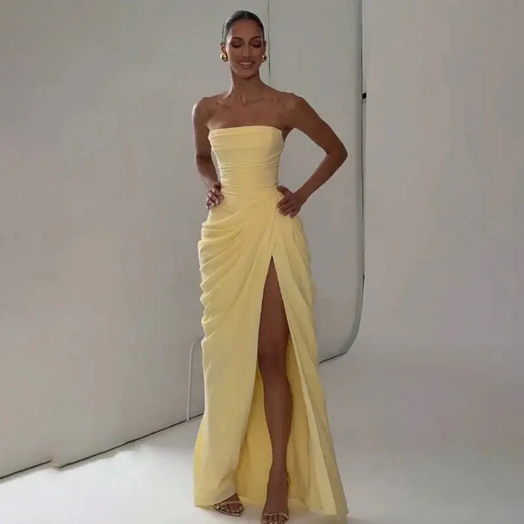 Elegant Solid Strapless Pleated Dress Women Chic Sleeveless Waist Cinching Split Maxi Vestidos 2026 Lady Evening Party Dresses SHOPEZRA L.L.C.