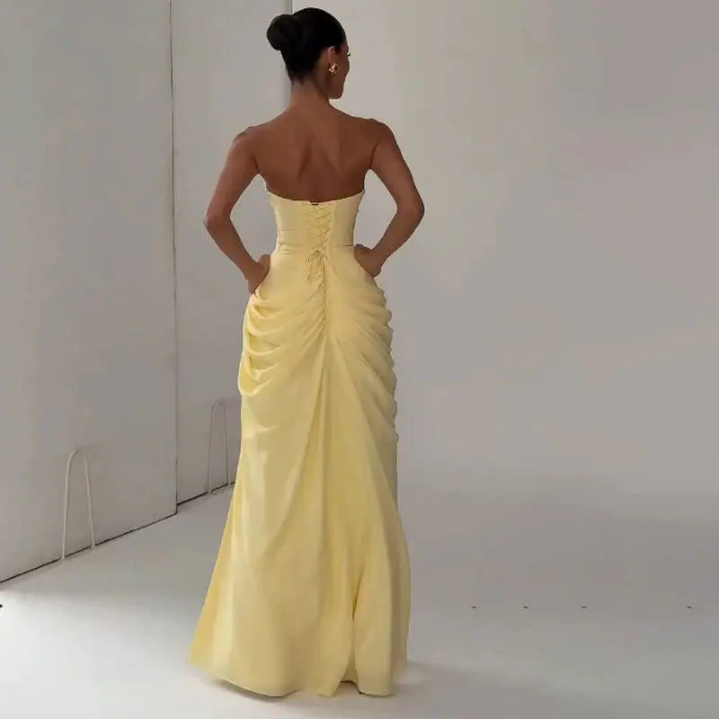 Elegant Solid Strapless Pleated Dress Women Chic Sleeveless Waist Cinching Split Maxi Vestidos 2026 Lady Evening Party Dresses SHOPEZRA L.L.C.