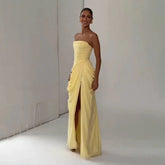 Elegant Solid Strapless Pleated Dress Women Chic Sleeveless Waist Cinching Split Maxi Vestidos 2026 Lady Evening Party Dresses SHOPEZRA L.L.C.