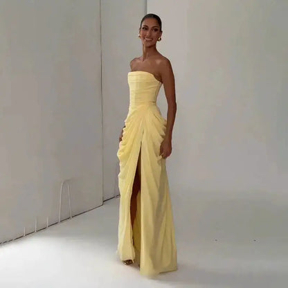 Elegant Solid Strapless Pleated Dress Women Chic Sleeveless Waist Cinching Split Maxi Vestidos 2026 Lady Evening Party Dresses by Dropshipman