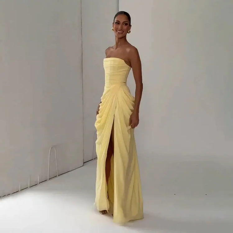 Elegant Solid Strapless Pleated Dress Women Chic Sleeveless Waist Cinching Split Maxi Vestidos 2026 Lady Evening Party Dresses SHOPEZRA L.L.C.
