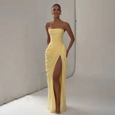 Elegant Solid Strapless Pleated Dress Women Chic Sleeveless Waist Cinching Split Maxi Vestidos 2026 Lady Evening Party Dresses SHOPEZRA L.L.C.