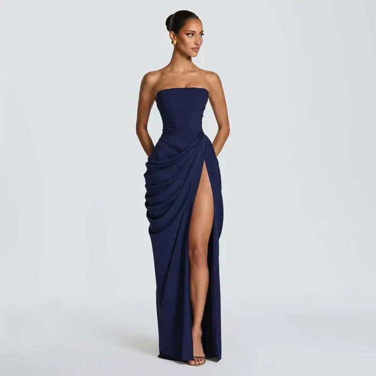 Elegant Solid Strapless Pleated Dress Women Chic Sleeveless Waist Cinching Split Maxi Vestidos 2026 Lady Evening Party Dresses SHOPEZRA L.L.C.