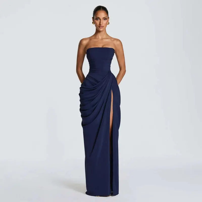 Elegant Solid Strapless Pleated Dress Women Chic Sleeveless Waist Cinching Split Maxi Vestidos 2026 Lady Evening Party Dresses SHOPEZRA L.L.C.